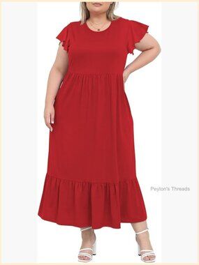 Plus Size Maxi Dress A-Line Crew Neck Ruffle Short Sleeve with Pockets Flowy